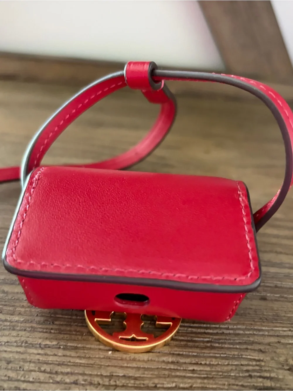 Tory Burch Small Red Leather Apple OG AirPods case with magnetic  Gold Logo